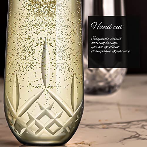 SHOSHIN Stemless Champagne Flutes Crystal, Hand Cut Champagne Glasses Set of 4, 9.5 Oz Champagne Toasting Glasses, Handmade Gift for Birthday, Wedding, Anniversary - color: Classic
