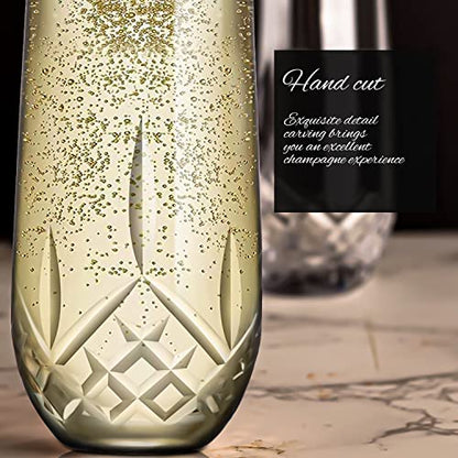 SHOSHIN Stemless Champagne Flutes Crystal, Hand Cut Champagne Glasses Set of 4, 9.5 Oz Champagne Toasting Glasses, Handmade Gift for Birthday, Wedding, Anniversary - color: Classic