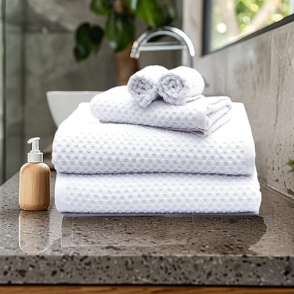 COTTON CRAFT Euro Spa Waffle Weave 6 Piece Towel Set - 100% Cotton - White | 2 Oversized Luxurious Large Bath Towels, 2 Hand Towels, 2 Washcloths - Soft Plush Super Absorbent Low Lint Quick Dry - color: White, size: 6 Piece Towel Set