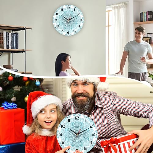 Teal Mandala Flower Wall Clock, Silent Non-Ticking, Battery Operated, Wooden Decorative Round Clock with Arabic Numerals, 10 Inch - color: Teal Mandala Flower