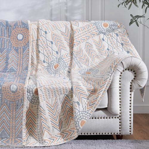 jinchan 100% Cotton Muslin Blanket Twin Boho Blanket 60x80 Orange Multi | 4-Layer, Tribal Geometric Quilt, Cooling Breathable Lightweight, Throw Blanket for Adult, Soft, Reversible, Couch, Bedroom - color: A. Boho Orange Multi, size: 60"x80"