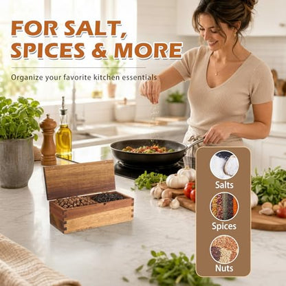 Acacia Wood Salt Cellar Spice Box with Magnetic Lid 29oz Large Capacity Salt Organizer 2 Compartments for Kitchen Countertop, Pepper, Seasonings, Spices, Grilling & Cooking - color: Acacia Wood, style: 2 Compartments