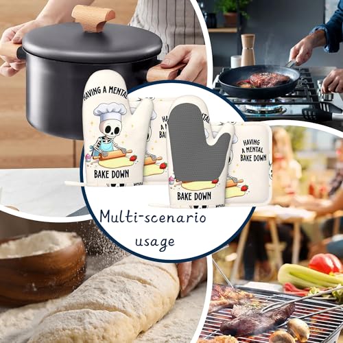 Oven Mitts and Pot Holders Sets,Cute Skeleton Thick Cotton Kitchen Oven Mitt Set,Funny Bake Waterproof Anti-Slip Silicone Mittens for Baking,Cute Cooking Utensils Set for Bakeries Barbecues - color: Cute Skeleton