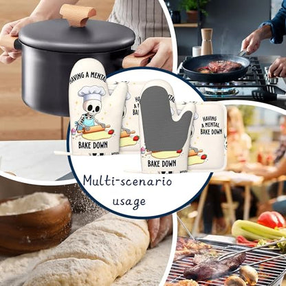 Oven Mitts and Pot Holders Sets,Cute Skeleton Thick Cotton Kitchen Oven Mitt Set,Funny Bake Waterproof Anti-Slip Silicone Mittens for Baking,Cute Cooking Utensils Set for Bakeries Barbecues - color: Cute Skeleton