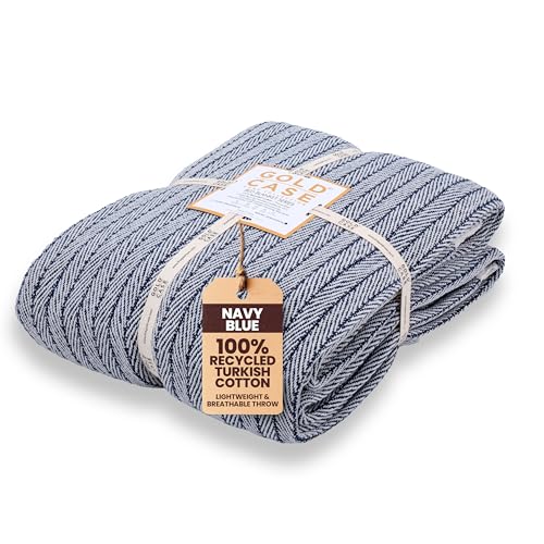 Gold Case Throw Blanket for Bed - 100% Recycled Turkish Cotton Blanket - Vintage Lightweight Soft Throw Blankets for Bed & Living Room - Queen Size Cozy Blankets - 90x90 - Navy Blue - color: Vintage Navy Blue, size: 90x90"
