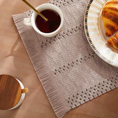 Macrame Style Boho Placemats Set of 4, Taupe 12x20 Inch | Decorative Farmhouse Table Mats, Natural Cotton Woven Place Mats, Bohemian Home Decor for Kitchen Dining Table - color: Taupe, size: Set of 4