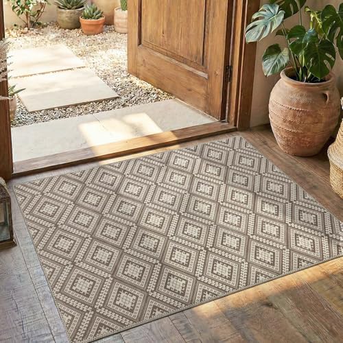 jinchan 2x3 Faux Jute Area Rug Washable Vintage Tile-Inspired, Stone Taupe | Vintage Geometric, Non-Slip, Low Pile, Indoor Outdoor, High-Traffic, Kitchen, Entryway, Bathroom, Laundry Room, Porch Balcony - color: Stone Taupe, size: 2' x 3' (Rectangular)