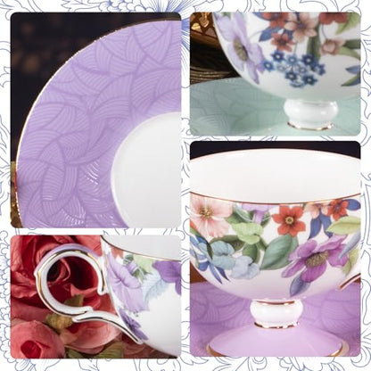 KAMMAK Tea Cups Set of 2,Ceramic Floral Pattern Demitasse Cup | Porcelain Espresso Cup with Saucer, 6.52 oz Handmade Elegant Bone China Tea Cups for Latte, Americano, Cappuccino - color: Lightly Dancing (Green + Purple)
