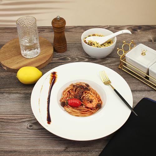 Ceramics Rimmed Soup Bowls 8.6 oz, White 11 inch Exquisite small soup plate Set of 4, Pasta plates With Rim is the best choice for hotels, kitchens, fine restaurants and gourmets - color: White, size: 11 Inch-8.6 oz