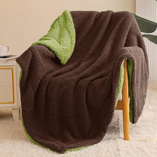 Exclusivo Mezcla Reversible Sherpa Fleece Throw Blanket, 50x60 Inches | Soft Plush Cozy Throws for Sofa, Couch, Bed, Fluffy Decorative Thick Blankets for Living Room, Coffee/ Olive Green - color: Coffee/ Olive Green, size: Throw ( 50x60 IN )