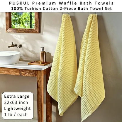 PÜSKÜL 2-Piece Natural 100% Turkish Cotton Waffle Bath Towels Extra-Large | Light Yellow, 32x63" Bath Sheet Towel, Soft Absorbent Quick-Dry Lint-Free Premium 3D Honeycomb Weave Oeko-Tex Made in Turkiye - color: Light Yellow