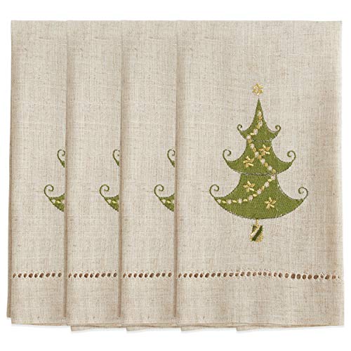 Saro Lifestyle Embroidered and Hemstitched Lighted Christmas Tree Guest Towel (Set of 4), Natural, 14"x22" - color: Lighted Christmas Tree
