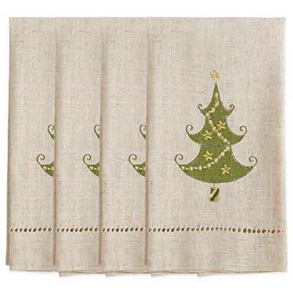 Saro Lifestyle Embroidered and Hemstitched Lighted Christmas Tree Guest Towel (Set of 4), Natural, 14"x22" - color: Lighted Christmas Tree