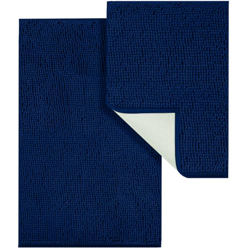LINLA Bathroom Rugs Sets 2 Piece, Absorbent Chenille Bath Mat, Navy Blue | Non-Slip ,Quick Dry, Washable, Carpet Mats for Floor, Tub and Shower,32" x 20"/24" x 17" - color: Navy Blue