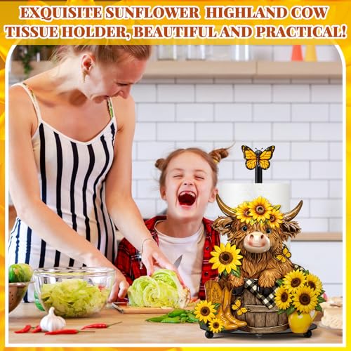 Summer Sunflower Highland Cow Paper Towel Holder Sunflower Floral Cattle Kitchen Bathroom Decor Farmhouse Metal Highland Cow Towel Holder Stand with Round Base for Home Countertop Accessories - style: Highland Cow