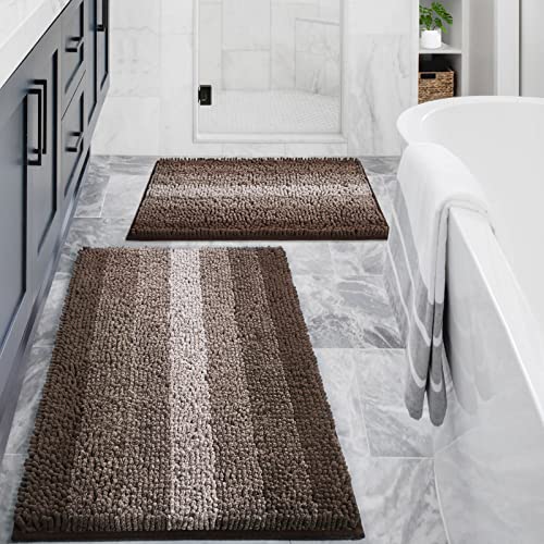 Brown Bathroom Rug Set 2 Piece, Chenille Non Slip Bath Mat Set, Absorbent Shower Rug and Bath Room Floor Mats, Quick Dry Bathmat Bathroom Decor Accessories for Tub, 16" x 24", 20" x 32" - color: Brown, size: 16" x 24" + 20" x 32"
