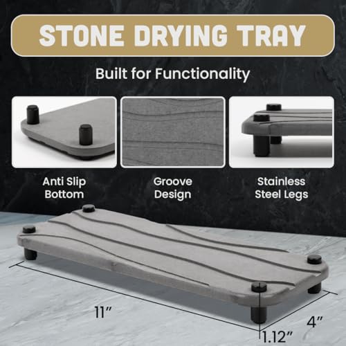 2pc Diatomite Stone Drying Tray, Gray w Blk & Silver Feet | Sink Caddy, Kitchen Sink Organizer, Water Absorbing Bathroom Counter, Absorbent Kitchen Soap Tray - color: Gray