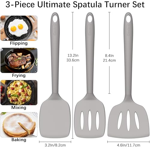 Coukre 3 Pack Silicone Spatula Set, Heat Resistant to 500°F, BPA-Free | Fish Spatula, Solid & Slotted Turners, Dishwasher Safe, Spatula Set for Eggs, Pancakes, Fish & Burgers, PureGray - color: PureGray
