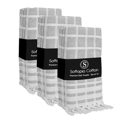 Matrix Dobby Kitchen Dish Towels Set of 12, 100% Cotton, 16x26 Inches, Reusable Dishcloths with Handmade Knotted Tassels, Absorbent, Washable Towels for Cleaning - Dark Gray, White - color: Pixel Grid, Grey, size: 16 X 26 - 12 Pack