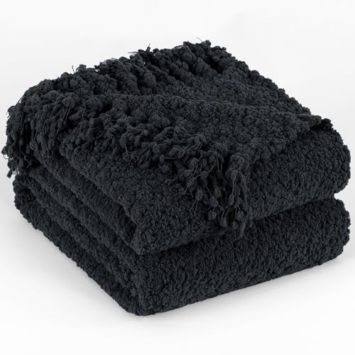 Throw Blanket for Couch, Knitted Throws with Fringe Tassels | Black 50X60 Handmade Feeling Luxury Textured Blankets for Bed Sofa Chunky Knit Soft Farmhouse Boho Decor - color: Black, size: Throw (50"x60")