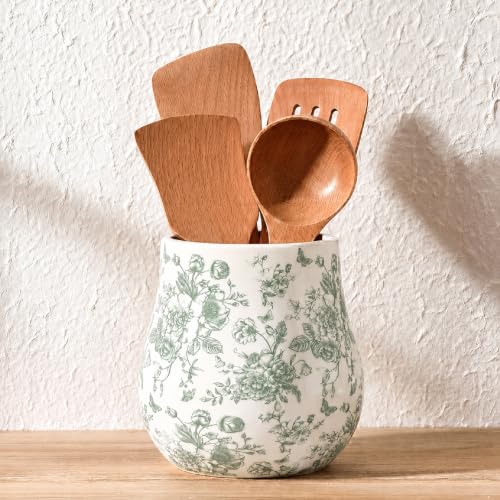 Sage Green Floral Ceramic Utensil Holder for Kitchen Counter 6.3" Chinoiserie Floral Rustic Utensil Crock for Home Kitchen Countertop Storage Organizer Container - color: Sage Green