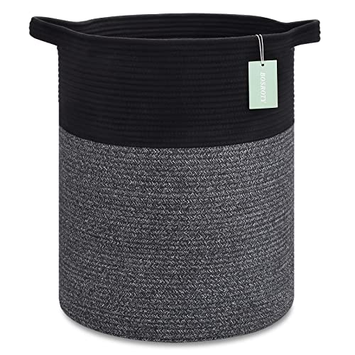 Cotton Rope Blanket Basket, 72L Tall Laundry Hamper, Black & Gray | 16"x 22", Large Collapsible Woven Nursery Hamper with Sturdy Handles for Clothes Toys Towels, Bedroom Living Room Bathroom - color: Black & Gray, size: 72L (16"x22")