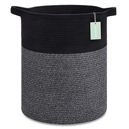 Cotton Rope Blanket Basket, 72L Tall Laundry Hamper, Black & Gray | 16"x 22", Large Collapsible Woven Nursery Hamper with Sturdy Handles for Clothes Toys Towels, Bedroom Living Room Bathroom - color: Black & Gray, size: 72L (16"x22")