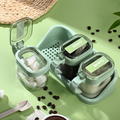 3 Pcs Sugar Coffee Container Set 16 oz Glass Condiment Jar Spice Container Coffee Station Organizer Set with Label Stickers Scoop for Bean and Sugar Candy, Oats, Nuts(Green) - color: green