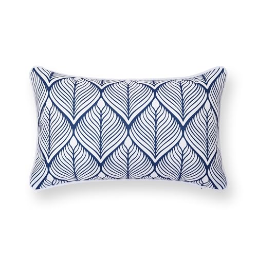Hofdeco Premium Coastal Patio Indoor Outdoor Lumbar Pillow Cover Only, 12"x20" Water Repellent for Backyard, Couch, Navy Blue Print Geometric Leafs - color: Navy Blue Geometric Leafs 12"x20"