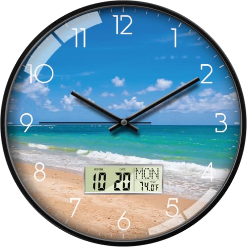 14'' Coastal Beach Wall Clock, Analog Clock with Digital Display | Silent Non-Ticking, Battery Operated, Shows Date Day & Temperature, Decorative for Living Room, Bedroom, Kitchen, Office - color: Blue, size: 14inch