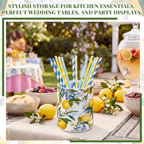 Lemon Ceramic Utensil Holder 6.3 Inch Rustic Kitchen Crock Summer Lemon Floral Design Countertop Storage Organizer for Spatula and Spoon Home Cooking Unique Gift Idea - style: Lemon