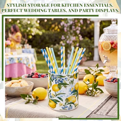 Lemon Ceramic Utensil Holder 6.3 Inch Rustic Kitchen Crock Summer Lemon Floral Design Countertop Storage Organizer for Spatula and Spoon Home Cooking Unique Gift Idea - style: Lemon