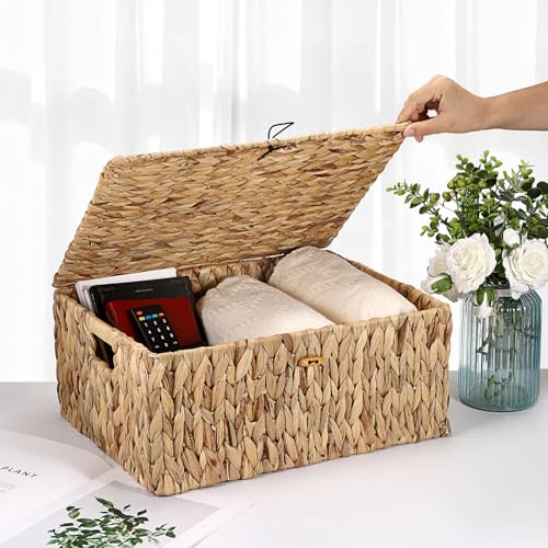 Water Hyacinth Storage Baskets Large Wicker Basket with Lid Woven Decorative Box for Shelf Pantry Laundry, Home Organizer, 17x13.2x7 Inch - size: 17"L x 13.2"W x 7H