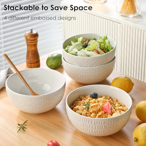 40 OZ Large Cereal Bowls Set of 4, Farmhouse Embossment Ceramic Salad Bowls for Soup, Serving, Fruit, Snack, Noodle, Ramen, Pho, Microwave & Dishwasher Safe, 6.7 Inch White - size: 6.7 INCH