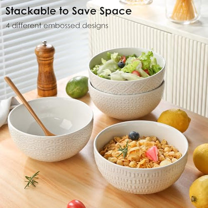 40 OZ Large Cereal Bowls Set of 4, Farmhouse Embossment Ceramic Salad Bowls for Soup, Serving, Fruit, Snack, Noodle, Ramen, Pho, Microwave & Dishwasher Safe, 6.7 Inch White - size: 6.7 INCH