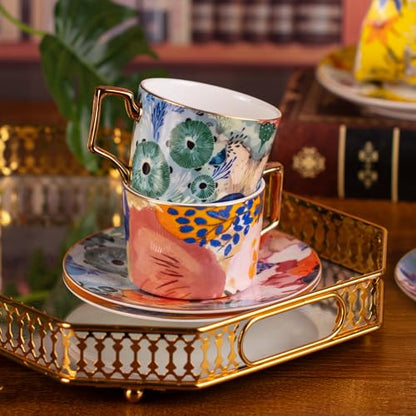 KAMMAK Tea Cups and Saucers Set of 2, Fine Bone China Coffee Cups, 569N | Stackable Espresso Mugs, Ceramic Demitasse for Coffee, Cappuccino, Latte, Americano, Tea - size: 7KPSP569N+570N
