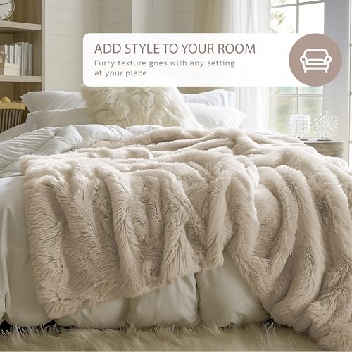 Hyde Lane Fluffy Cute Throw Blankets for Couch Sofa, 2 Way Reversible Ultra Soft Long Faux Fur, Shaggy Cozy Fuzzy Blanket Beige/Khaki, 60x80 - color: Beige/Khaki, size: 60x80"