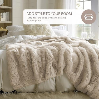 Hyde Lane Fluffy Cute Throw Blankets for Couch Sofa, 2 Way Reversible Ultra Soft Long Faux Fur, Shaggy Cozy Fuzzy Blanket Beige/Khaki, 60x80 - color: Beige/Khaki, size: 60x80"