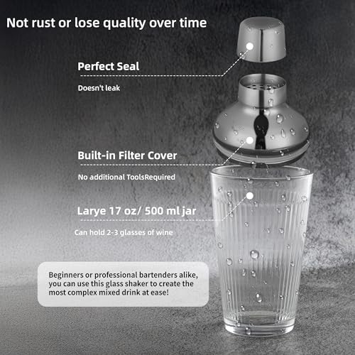 Glass Cocktail Shaker, Martini Shaker with Strainer for Bars, Whiskey, Cocktails 17oz (Silver) - color: Silver