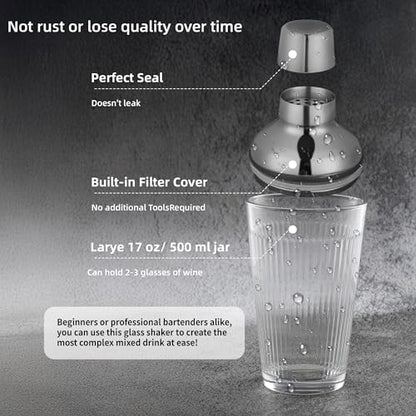 Glass Cocktail Shaker, Martini Shaker with Strainer for Bars, Whiskey, Cocktails 17oz (Silver) - color: Silver