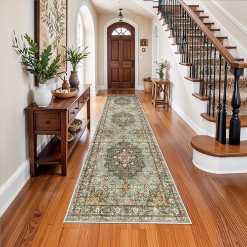 Washable Oriental Hallway Runner Rug: 3x12 Rugs for Entryway Living Room | Soft Carpet for Bedroom Kitchen Waterproof Floral Distressed Indoor Stain Resistant Non-Shedding Floor Carpets (Green, 3X12) - color: Green, size: 3' x 12' (Rectangular)