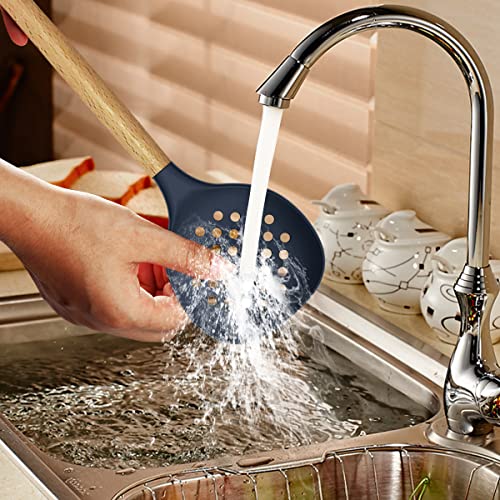 oannao Silicone Cooking Utensils Set - 446°F Heat Resistant Silicone Kitchen Utensils for Cooking,Kitchen Utensil Spatula Set w Wooden Handles, BPA FREE Gadgets for Non-Stick Cookware (Navy Blue) - color: Navy Blue