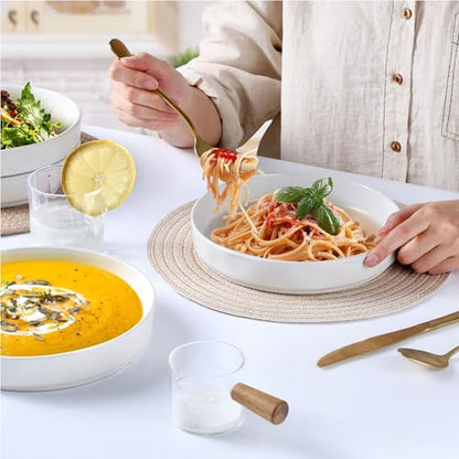 LIANYU 8.25" Wide Shallow Pasta Bowls Set of 4, Deep Dinner Salad Plates | Large Ceramic Serving Bowls Plates, Microwave & Dishwasher Safe, Polar White - color: Polar White