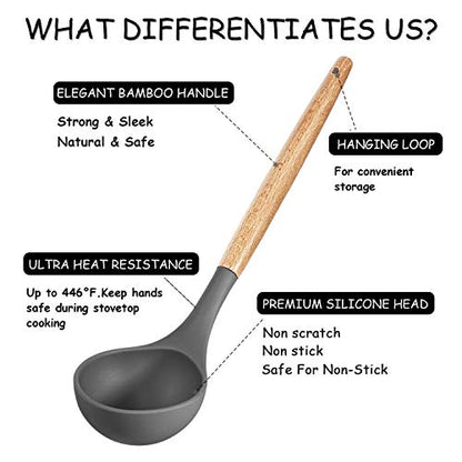 MIBOTE Silicone Cooking Kitchen Utensils Set, 17 Pcs, Wooden Handle, Grey | BPA-Free, Non-Toxic Silicone Turner, Tongs, Spatula, Spoon Set – Great for Nonstick Cookware, Heat-Resistant, Easy Clean - color: Gray