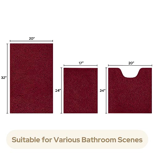 HOMEIDEAS 3 Pieces Bathroom Rugs, Ultra Soft Non Slip Absorbent Chenille Toilet Bath Mat Set (Burgundy) - color: Red-burgundy, size: 17"x24"+20"x32"+U Shape 20"x24"
