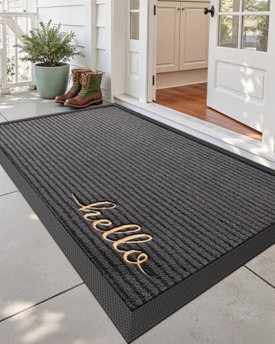 DEXI Front Door Mat Outside Entrance 36x60 Rubber Entry Doormat Hello | Non Slip Outdoor Use Trap Dirt and Moisture Easy Clean Low Profile for Inside House Floor Entryway Exterior Patio - color: Hello Grey, size: 36" x 60" (Rectangular)
