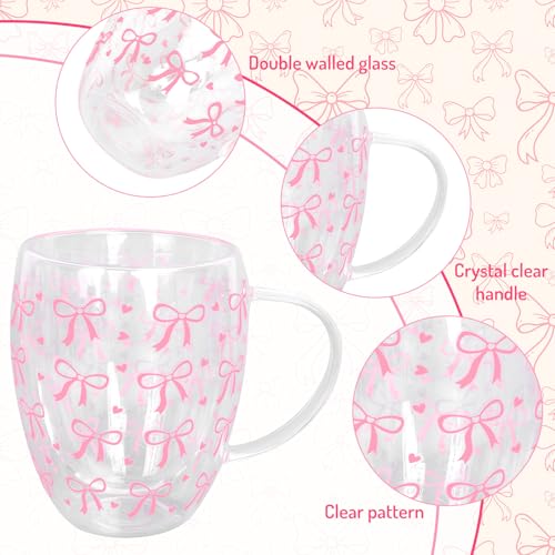 JarThenaAMCS Pink Bow Double Wall Glass Coffee Mugs 12Oz Cute Bowknot Heart Insulated Glasses Clear Espresso Cups with Handle for Home Holiday Supplies, Set of 2 - style: Pink Bow Heart