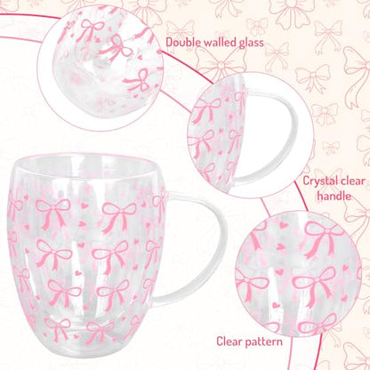 JarThenaAMCS Pink Bow Double Wall Glass Coffee Mugs 12Oz Cute Bowknot Heart Insulated Glasses Clear Espresso Cups with Handle for Home Holiday Supplies, Set of 2 - style: Pink Bow Heart