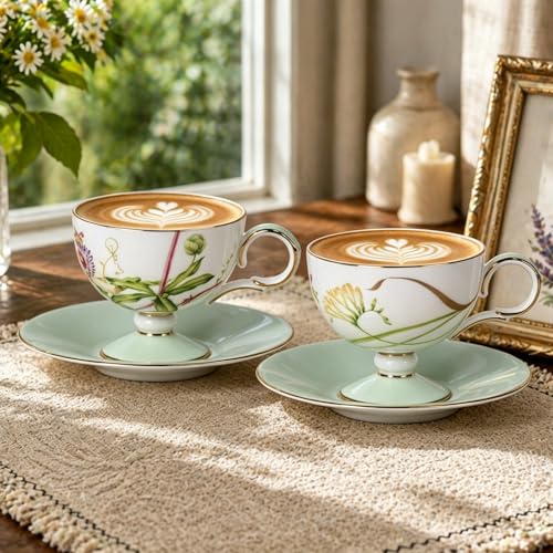 KAMMAK Tea Cups Set of 2,Ceramic Floral Pattern Demitasse Cup | Porcelain Espresso Cup with Saucer, 6.76 oz Handmade Elegant Bone China Tea Cups for Latte, Americano, Cappuccino - color: Freesia & Clematis