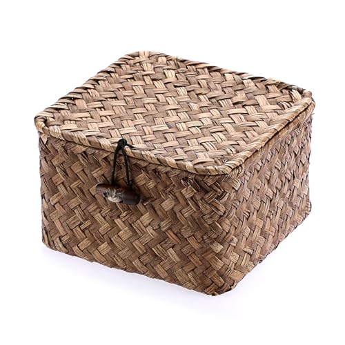 Hipiwe Seagrass Basket Bin with Lid X-Small Handwoven Wicker Storage Basket | Square Decorative Baskets Box for Shelf Multipurpose Household Baskets Organizer for Home Decor - color: Coffee, size: X-small